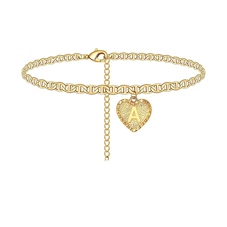 

New Design 14K Gold Plated Initial Charm Heart Anklets For Women Girls Personalized 26 Alphabet Script Bracelet Foot Jewelry, Golden and sliver
