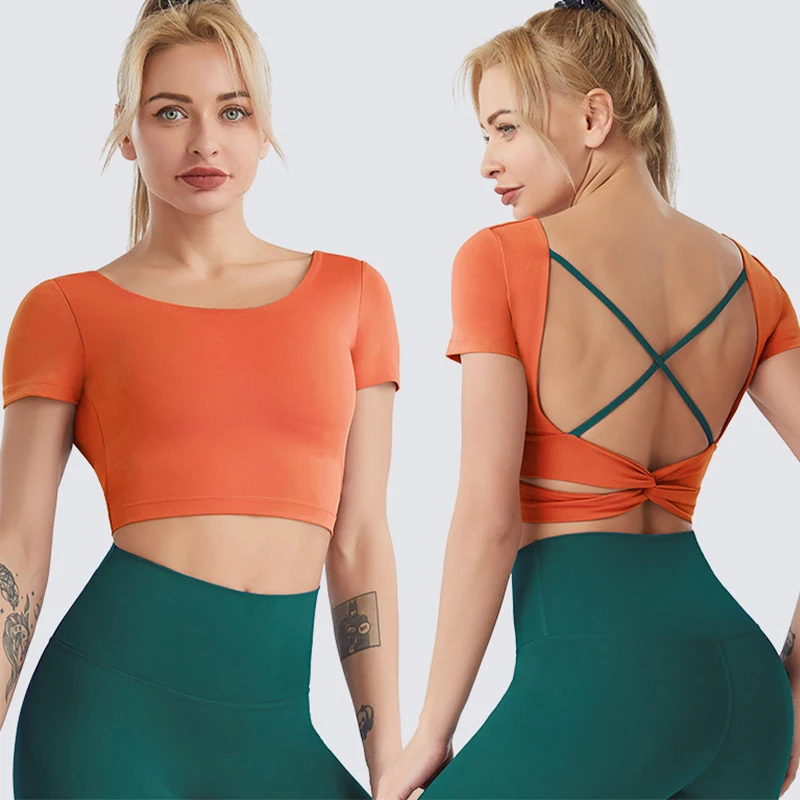 

Nude feeling stretch sports crop top back hollow fitness short-sleeved t-shirt women breathable yoga clothes