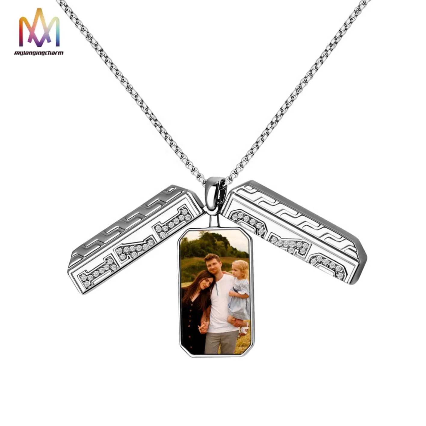 

Fashion Jewelry Stainless Steel Two Parts Custom Photo Men Pendant Necklaces Cubic Diamond Pendant Necklaces Charm For Dad Gift