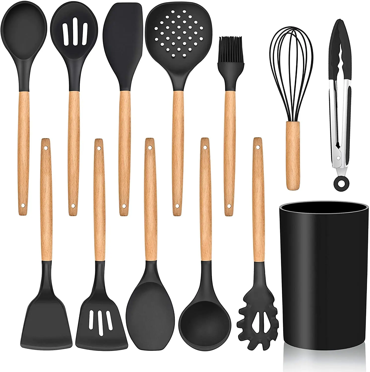 

Food Grade Wooden Handle Silicone Cooking Tools Kitchen Utensils Set, Black, pink, mint