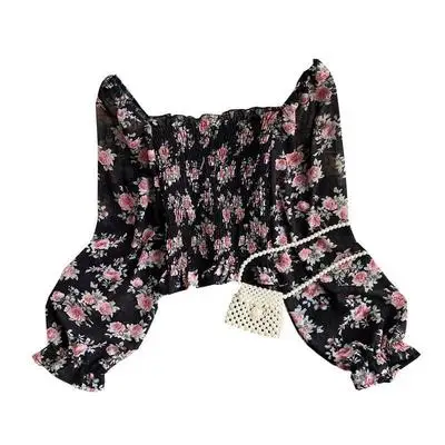 

New Floral Chiffon Shirt Ladies Spring Autumn Slim Blouse Long Puff Sleeve Square Collar Casual Cropped Tops