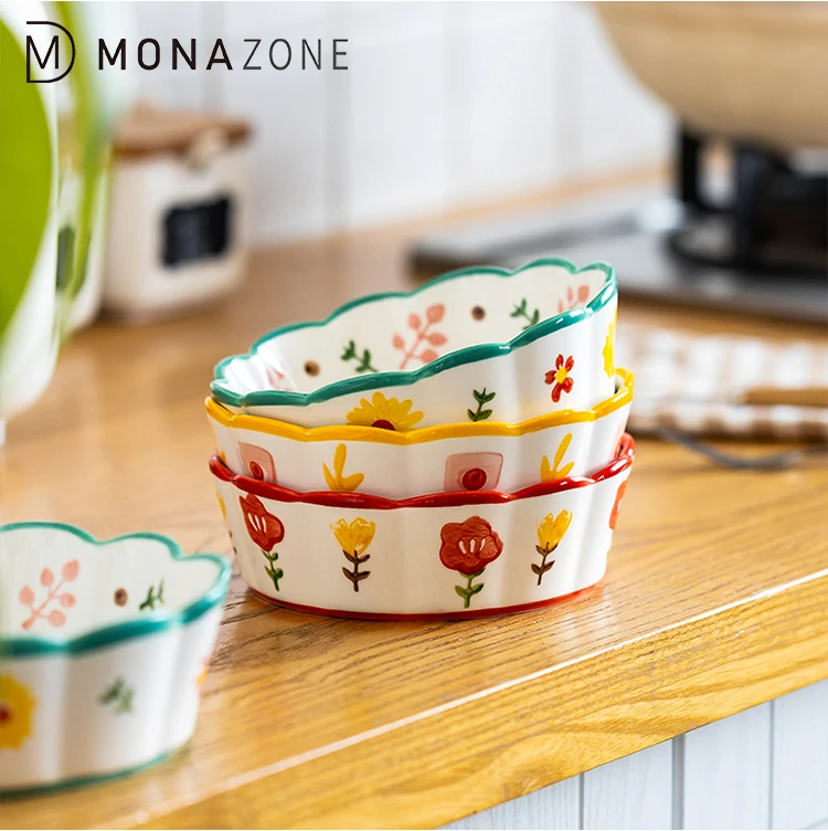 

MONAZONE 6/7/8in Ceramic Flowers Pattern Fruit Salad Bowl Wavy Edge Rice Cereal Pasta Dessert Noodles Bowls Kitchen Tableware