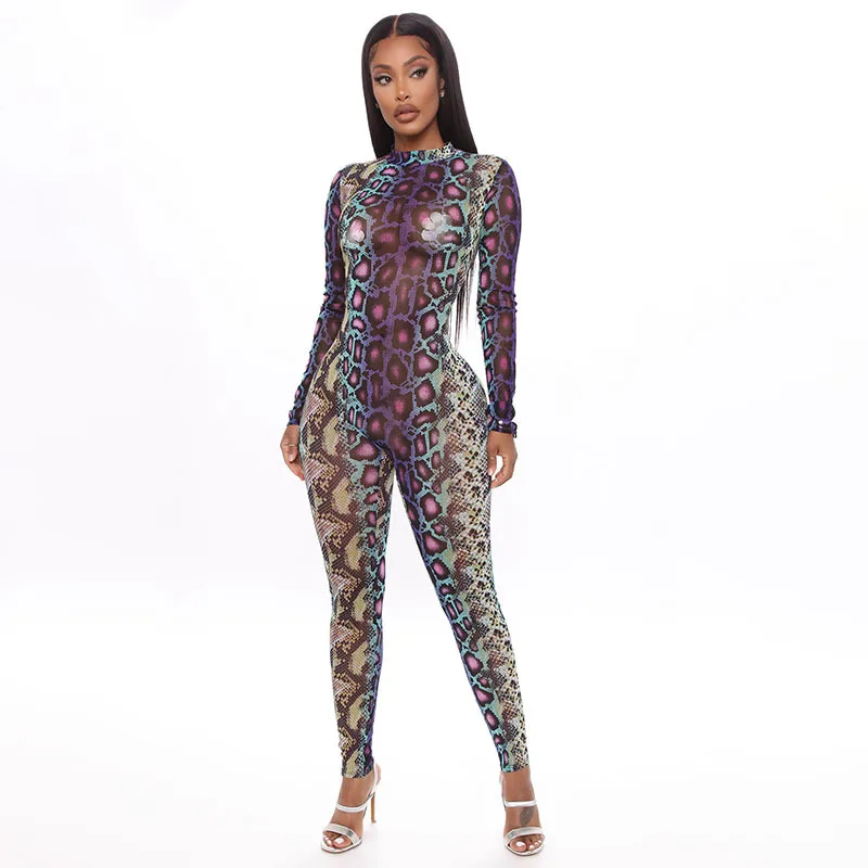

CB01B63 Summer Snake Print Long Sleeve Snake Printed One Piece Bodycon jumpsuit
