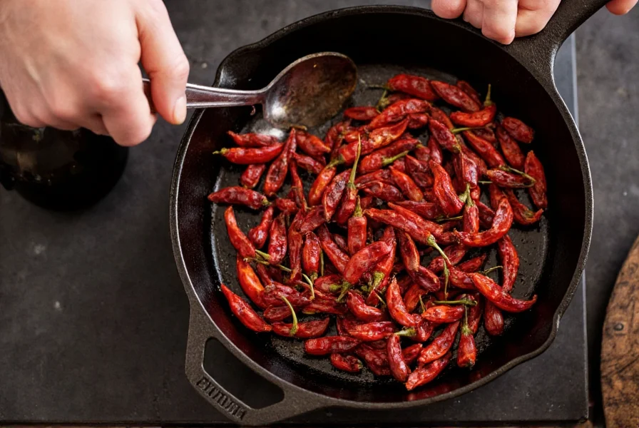 Chef toasting dried chili de arbol peppers in cast iron skillet
