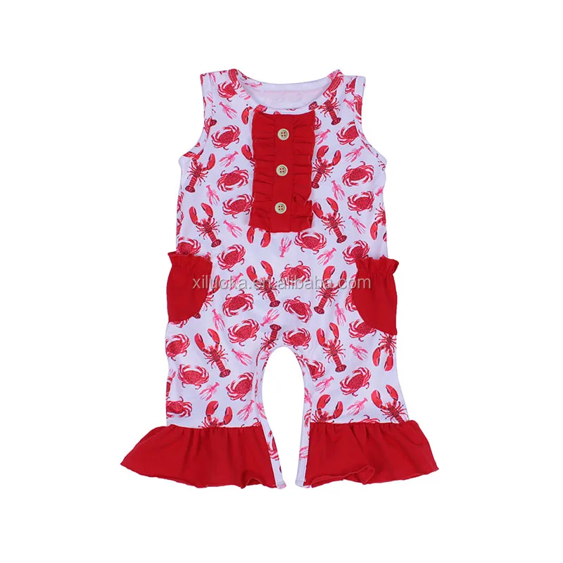 

Infant Smock Girls Lobster Print Toddler Kids Ruffle Lobster Baby Summer Halter Fashion Boutique Girls Crawfish Rompers, Picture