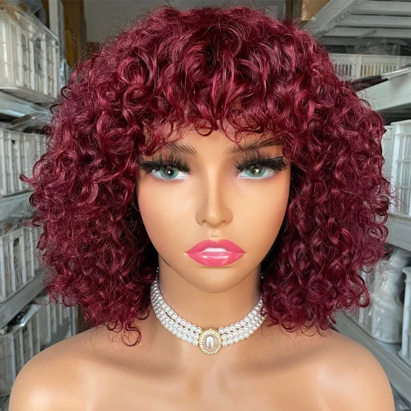 

Cheap SDD Super Double Drawn Machine Made Water Wave Wig 100% Human Hair Pixie Cut With Bangs for Black Women, Burg