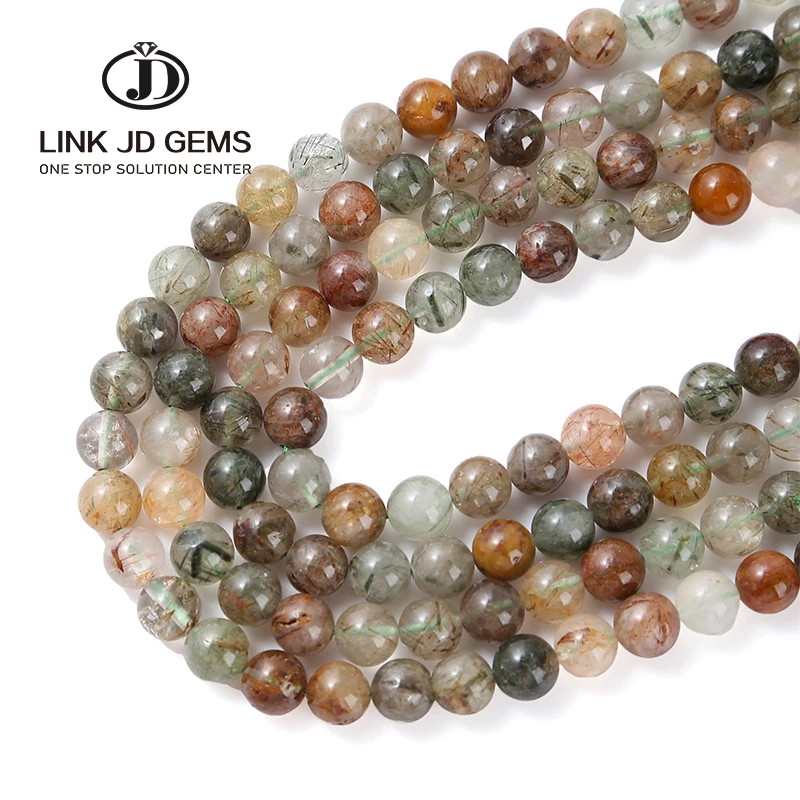 Natural Crystal Stone Beads Round Shape Red Green Golden Rutilated Quartz Beads Accessories for Jewelry Making