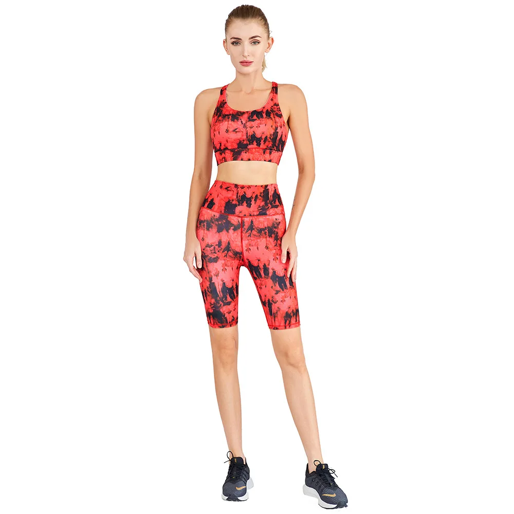 

INS new European and American printed short yoga clothes red beauty back and push up sports bra high waist cropped pants two-pie