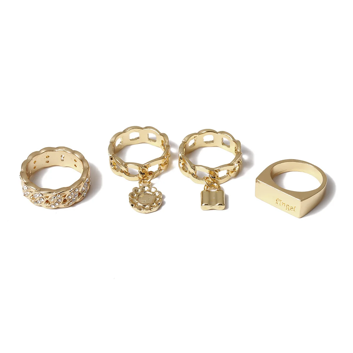 

Creative Micro-inlaid Rhinestone Ring Four-piece Hollow Jewelry Set Personalized Lettering Lock-shaped Flower-shaped Gold Ring, As picture