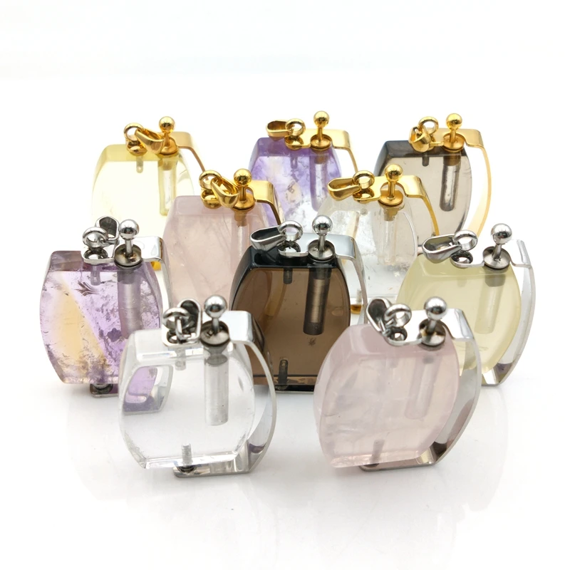 

China Natural Crystal Logo quartz Perfume Bottle Pendants rectangle amethyst Gemstone Essential Oil Diffuser Vial for Necklace, Multi