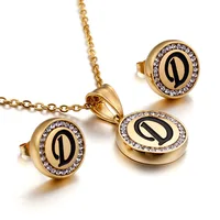 

Wholesale korean stainless steel gold simple fashion 26 letters jewelry set diamond round necklace earrings