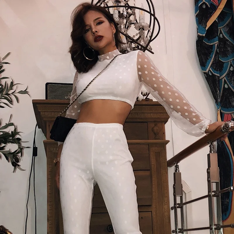 

high quality best price fashion two pieces suit women long sleeve lace dot with pant casual crop top white women suit