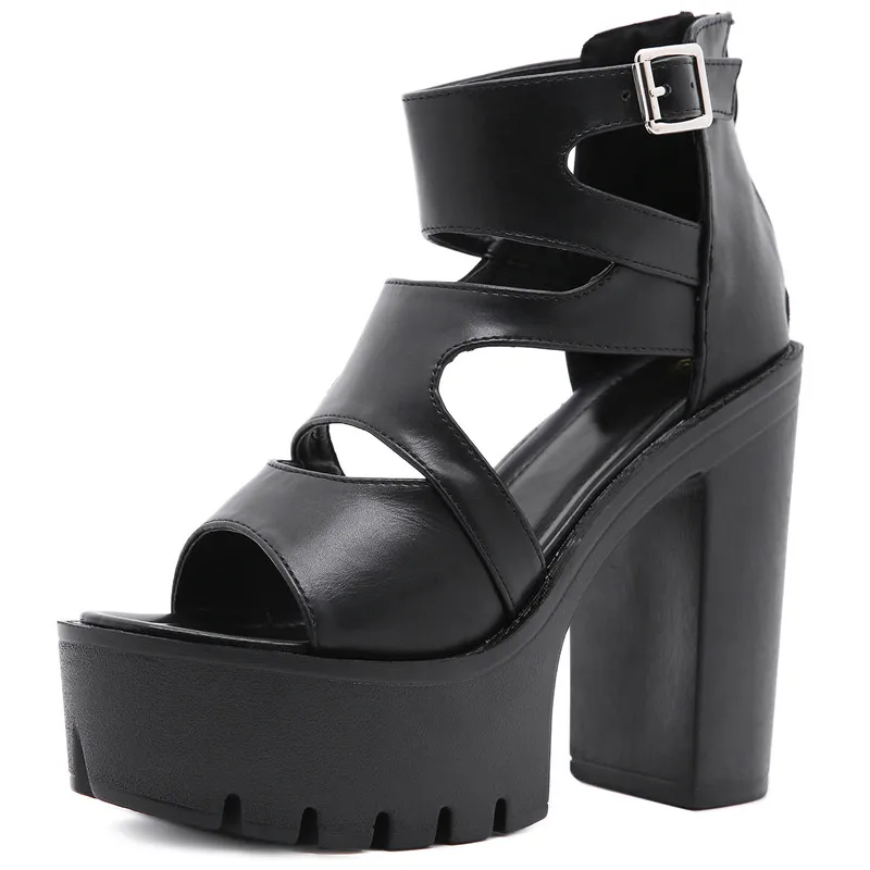 

Chunky Sandals Women Punk Platform Sandals Summer Roman Sandals High Heels Open Toe Black Leather Shoes Woman