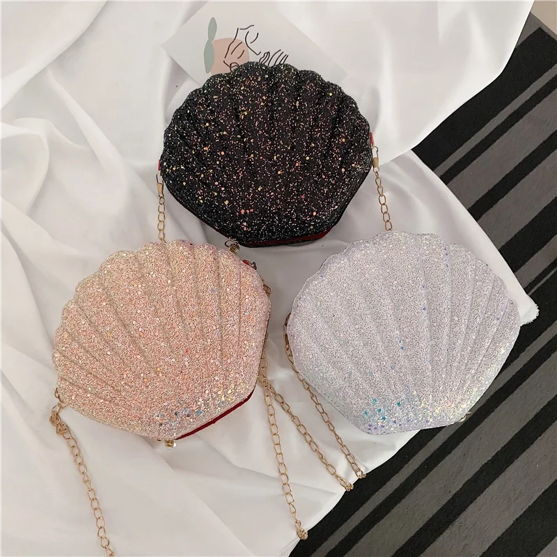 

fashion design bling sequin evening clutch chain girl shell shape bag women fashion purse and bags, Customizable