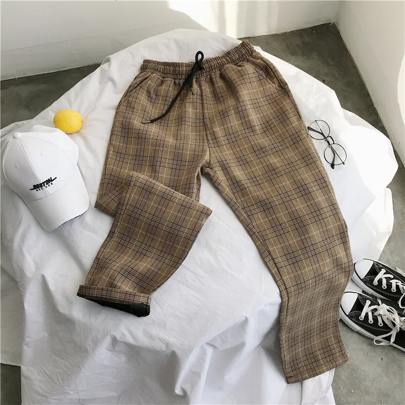 

2021 spring plaid wide-leg pants men's ninth pants Korean students loose casual pants, As picture