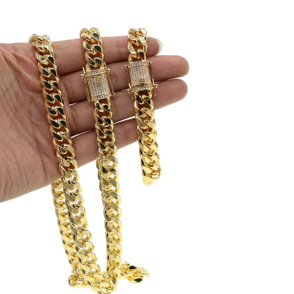 

top quality 18k yellow gold filled 70cm wide 10.5mm curb cuban link chain micro pave cz hip hop men gold chain bracelet necklace