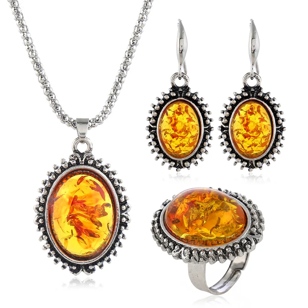 

Vintage Ethnic Style Necklace Earrings Ring Three-piece Set Alloy Jewelry Amber Gemstone Necklace