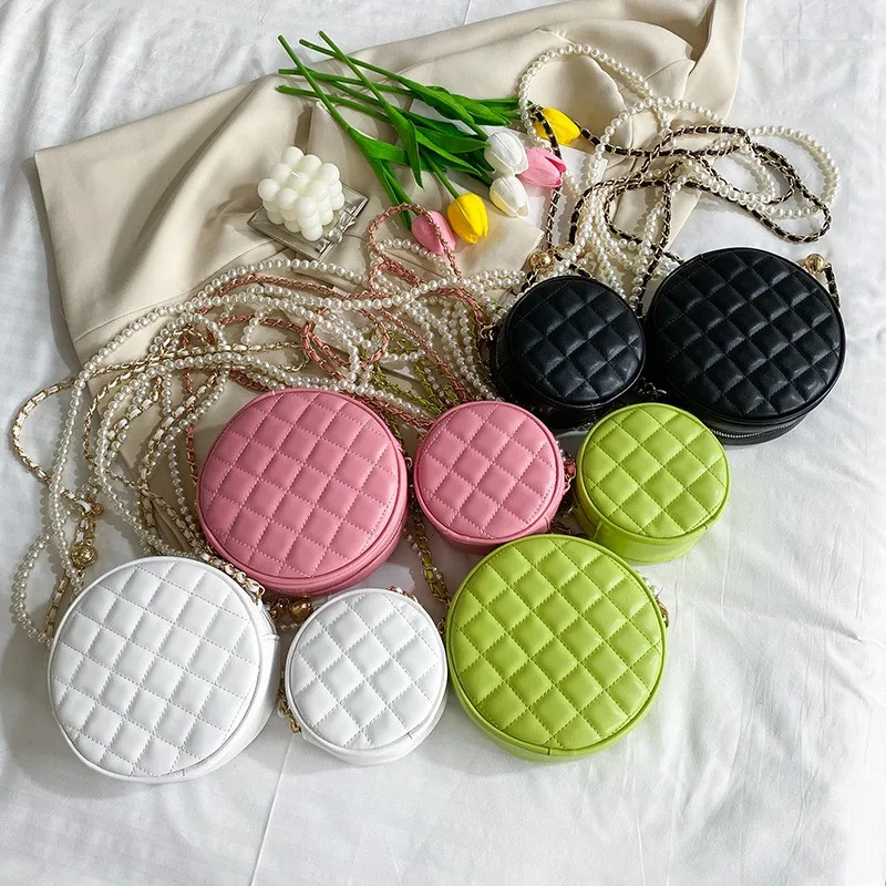 

Quilted Pearl Strap Korean Girls Big and Small Bag Set Fashion Leather Round Mommy and Me Purse 2021, 4colors