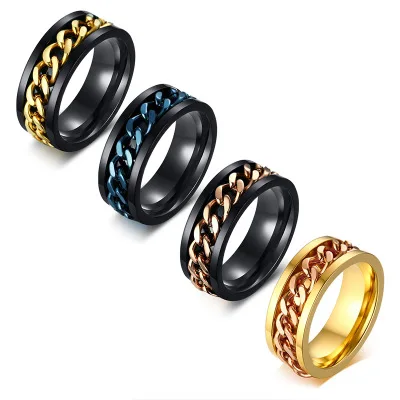 

Rotatable Chain Inlay Spinner Stainless Steel Rings 2020 Hot Sale High Polished 8mm Vintage Men's Dropshipping New Fashion Round