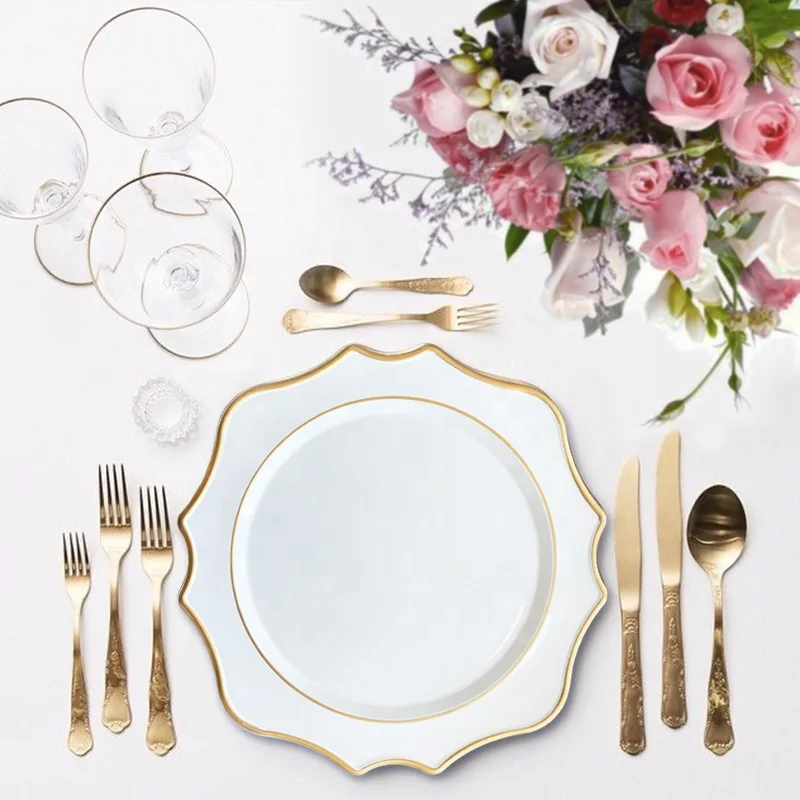 

Round plastic charger plate gold silver decoration teal brass wholesale charger bulk plates Hot Selling for wedding party, Customized color