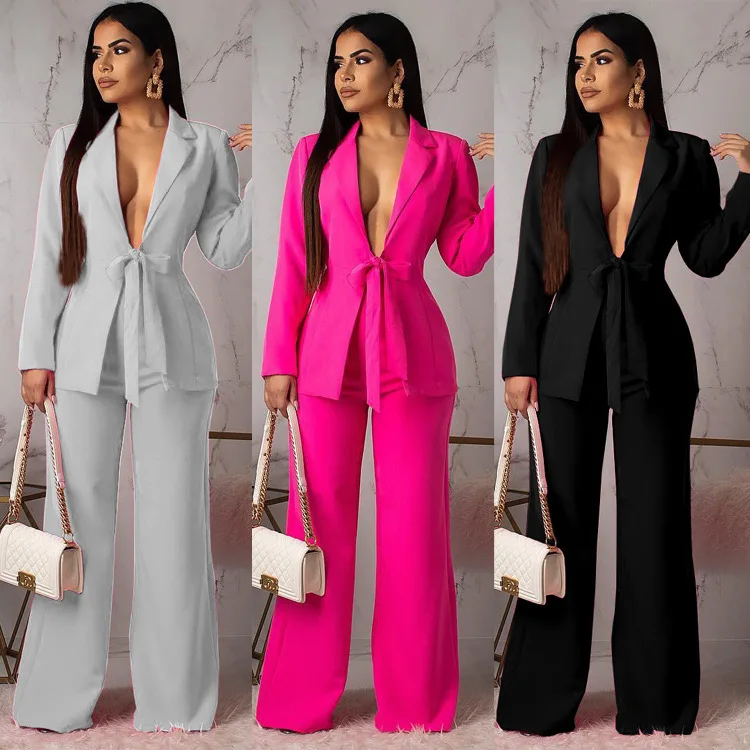 

2021 Solid Blazers Coats Straight Pants Female Pant Suits 2 piece Sets fashion blazers pant suit for women formal, Picture color