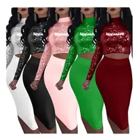 

dropshipping high quality sequins long sleeve sexy crop top bodycon skirt set two pieces women clothing