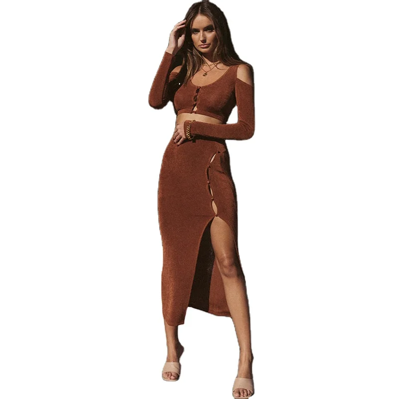 

Button Hollow Out Long Sleeve Crop Top Slit Skirt Elegant 2 Two Piece Set Ladies 2021 Summer Fall Trendy Fashion Clothes, Color