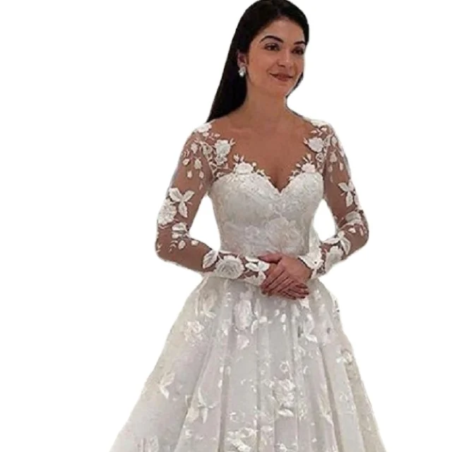

Fashion Sexy Ball Gown lace deep V long sleeve White Dress For women, Customized colors