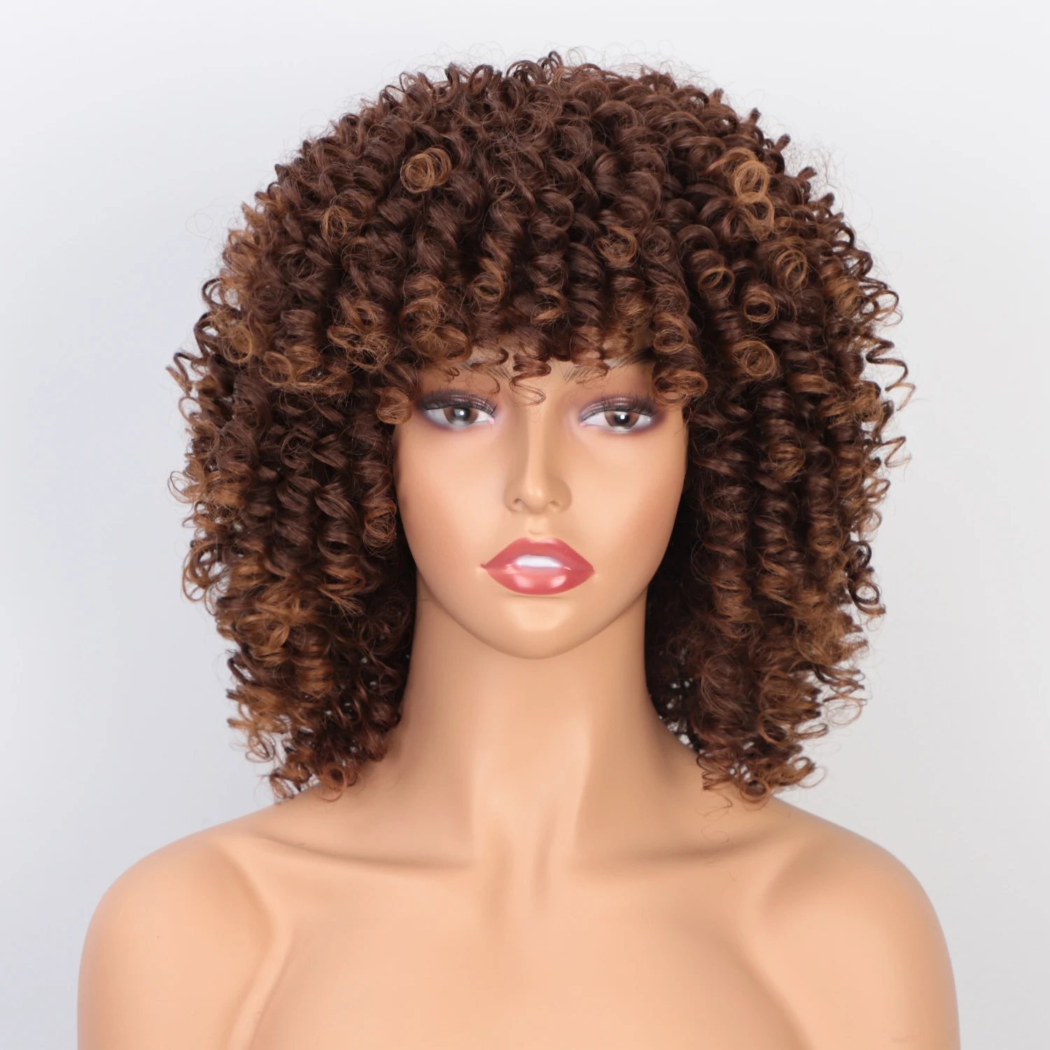 

Kinky Loose Curly Wave Cheapest Wholesale Vendor Afro Brown Short Bob Wig With Bangs Synthetic Hair Wigs For Black Women