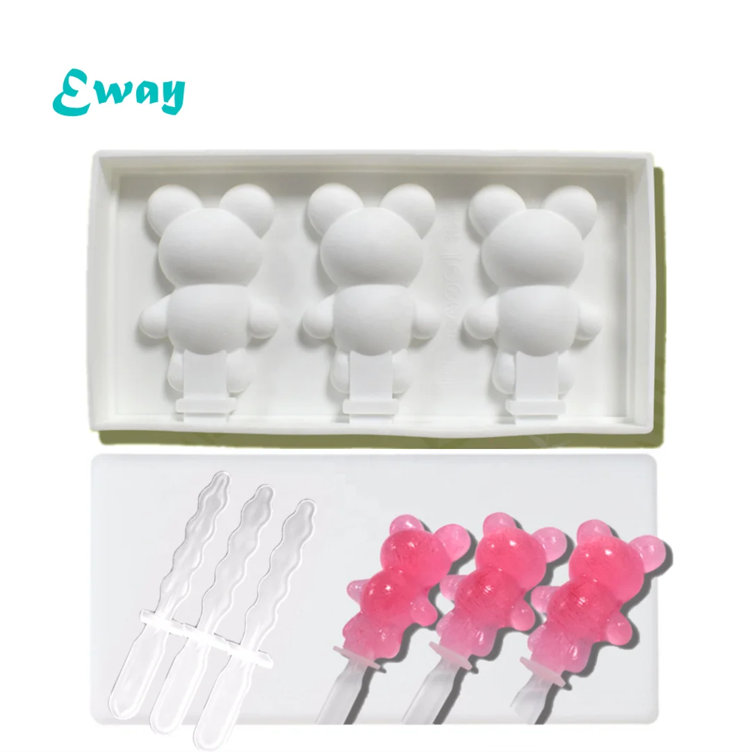 

New Products 3 Cell mini Baby Pinata bear cakesicle mold Juice Popsicle Children Pop Mould tray with 3 sticks, White