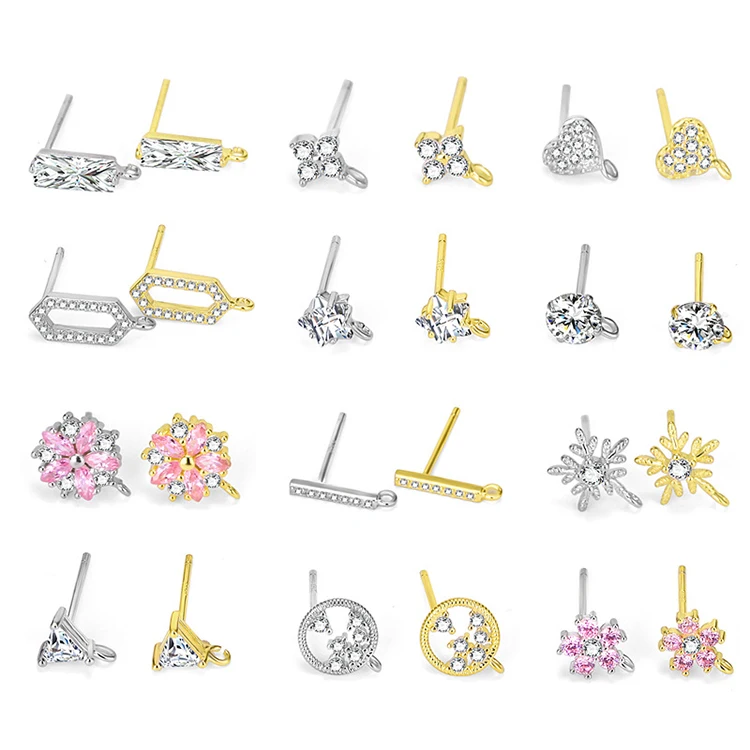 

DIY Making self jewelry gold Clear Zircon stud findings 925 sterling silver flower triangle CZ earrings post stud With Loop, Rhodium or gold
