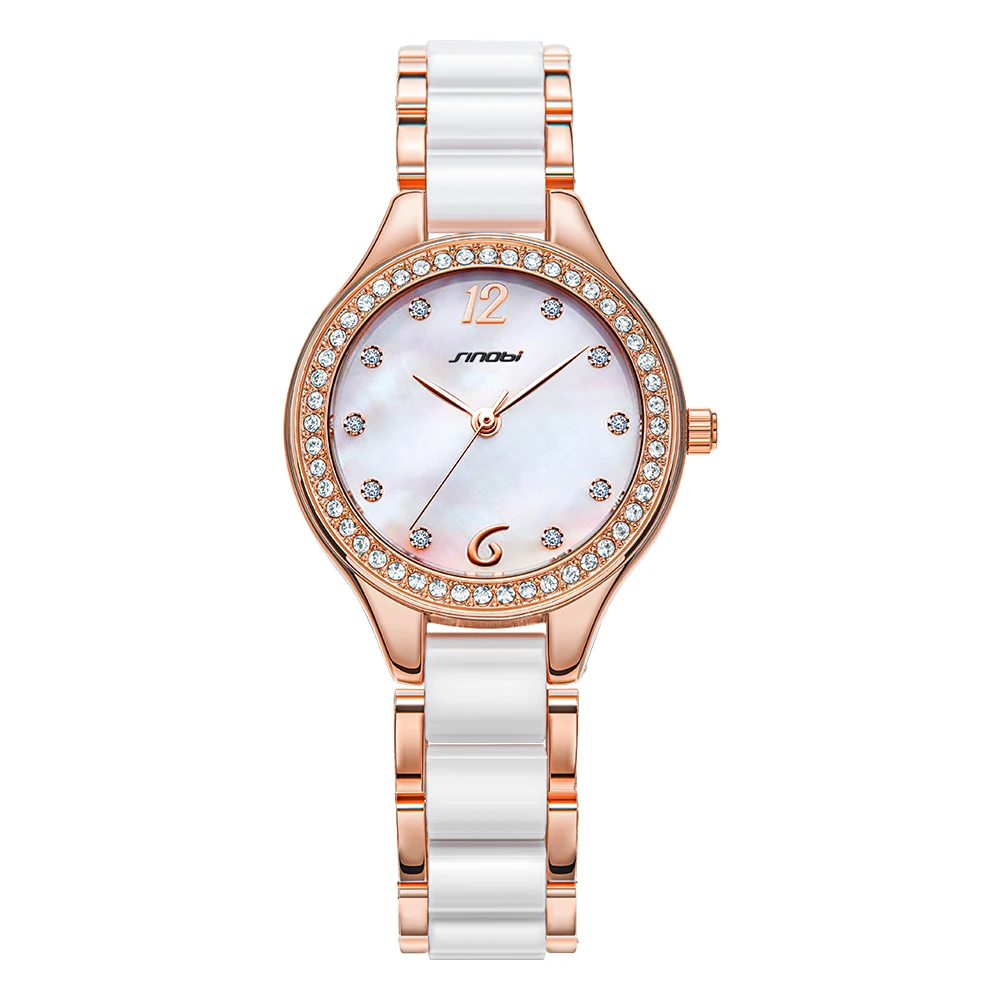 

SINOBI Elegant Bracelet Ladies Wristwatch Dazzling Diamond Index Jewelry Watch Ceramic Images Band Quartz Watches S9581L