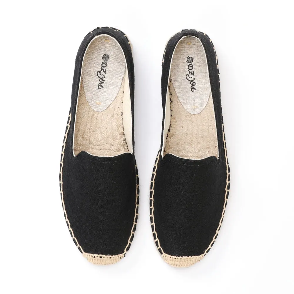 

Pure color black canvas subject and flax material women flat bottom loafers, Mixed