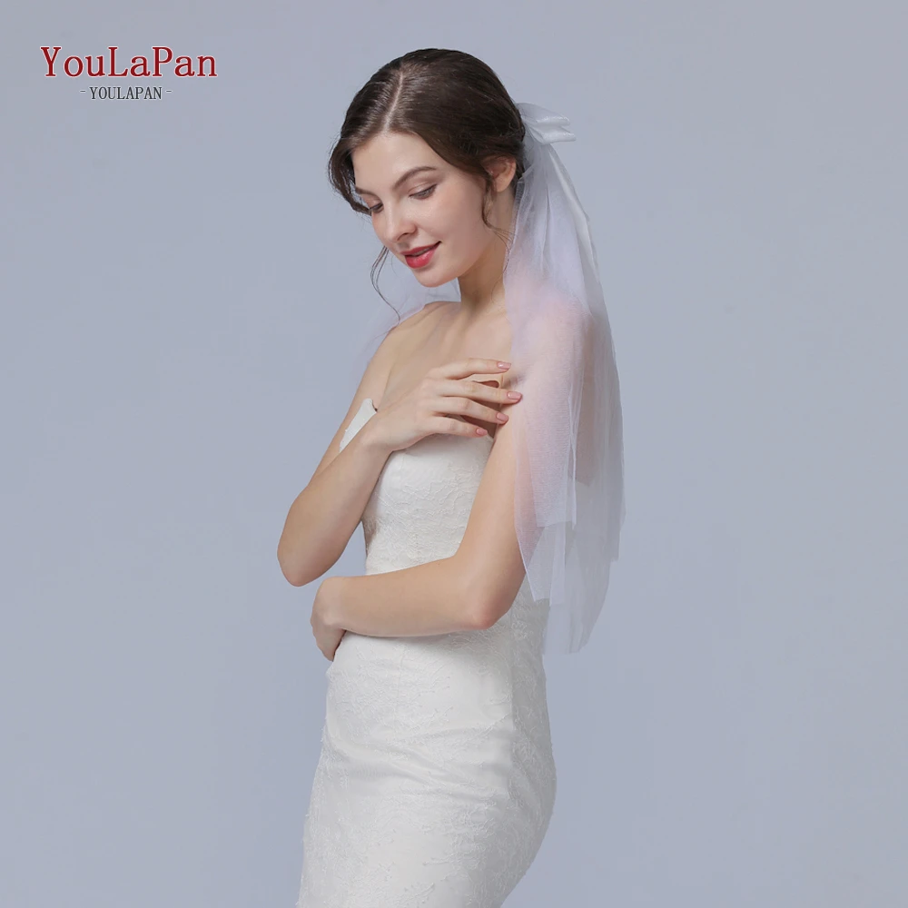 

YouLaPan V16 Pearl Bow Wedding Veils Bridal Long Lace Pearl Bow Short Veil Wedding Dress Accessories Double Layer Bride Vei, Ivory,white