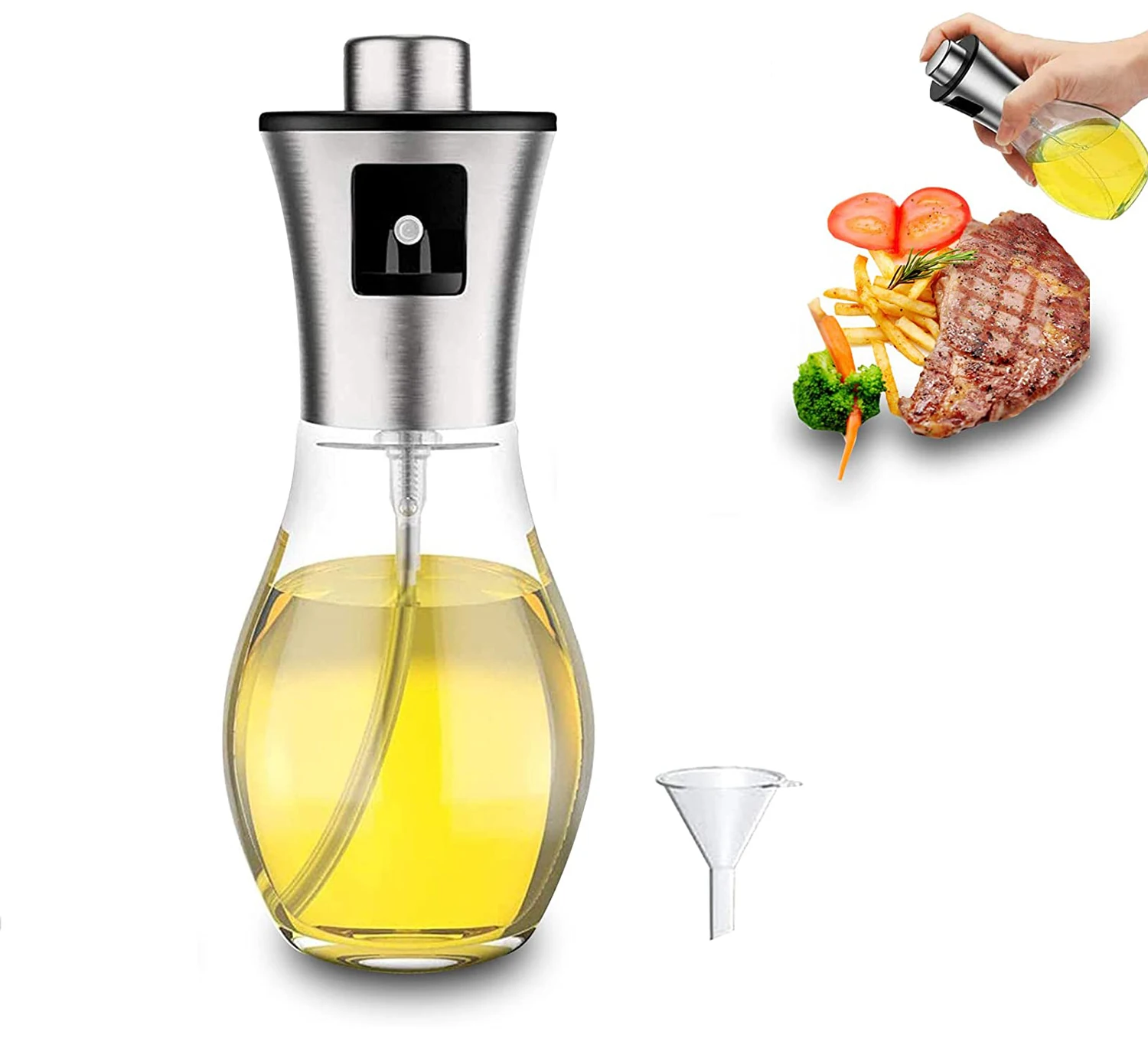 

200ml Manual Pressure Olive Vinegar Mist Dispenser Glass Bottle Silver Stainless Steel 304 Kitchen Baking Cooking Oil Sprayer