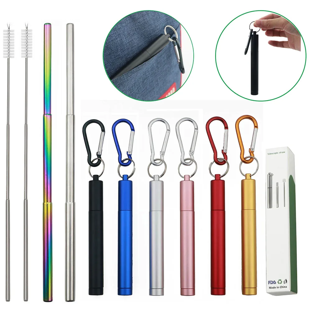 

Portable Telescopic Drinking Straw Set 304 Stainless Steel Metal Straw Reusable Travel Collapsible Straw with Brush Carry Case, Customized