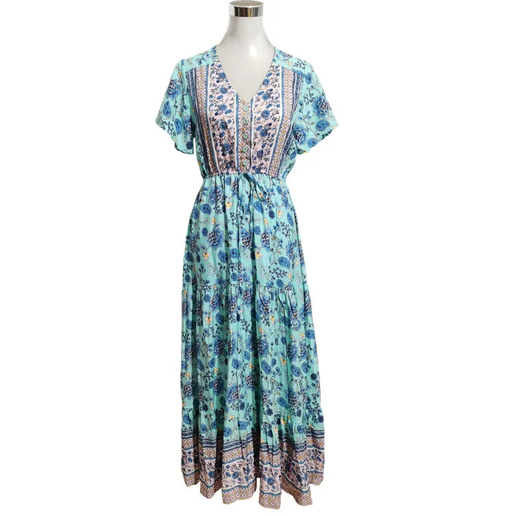 

hot selling rayon printed skirt bohemian style big swing dress seaside vacation beach long dress, Customized color