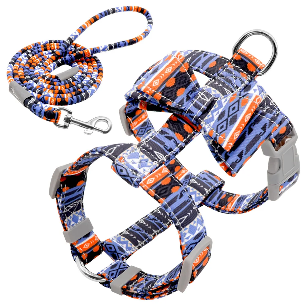 

Hot Sale Custom Design 2 In 1 Reversible Dog Cat Leash Canvas Adjustable Collar Bow Leash Harness And Bandana Sets, Colourful