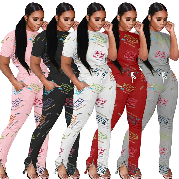 

Casual Ladies Printed 2 Piece Outfits T-shirt Long Pants Summer Plus Size Women Clothing Two Piece Sets