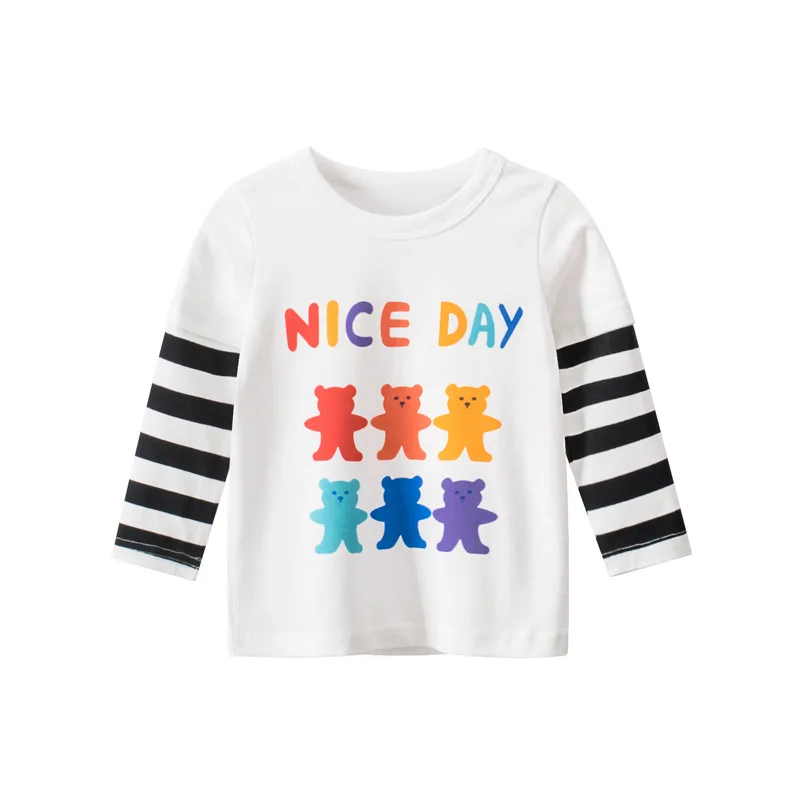 

Cute Bear Print Striped Sleeve Top Tee Shirts Girl Baby Long Sleeve Cotton T-Shirt