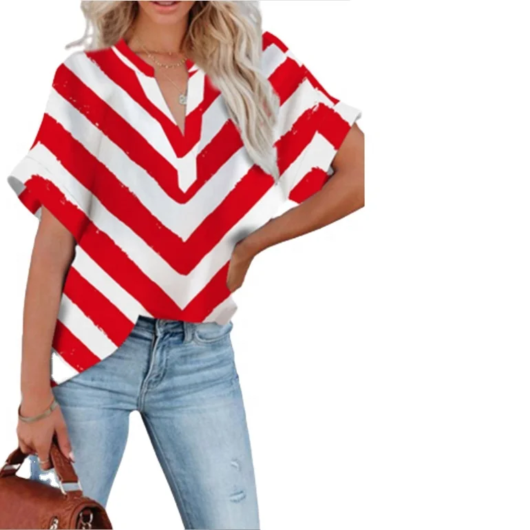 

New Ladies V-Neck Striped Printed Shirt Casual Short Sleeve Chiffon Polka Dot T-Shirt Top