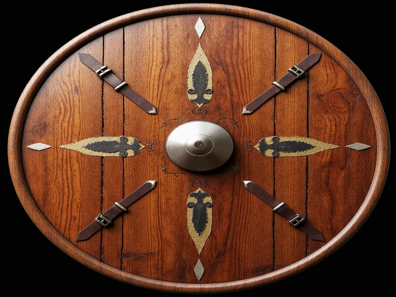 Finished wooden shield with painted design and leather straps