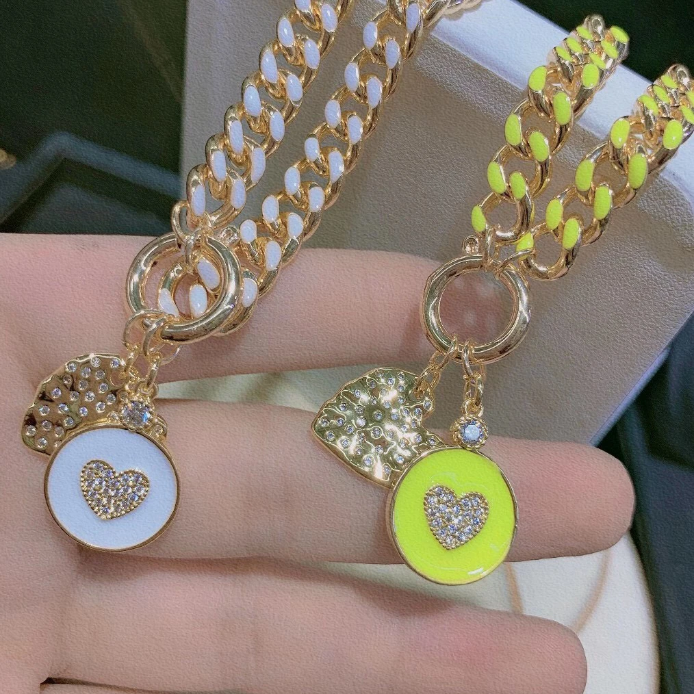 

LS-A3050 fashion colorful 18k gold plated enamel chain necklace,cz micro pave heart chunky chain necklace jewelry for women, As is
