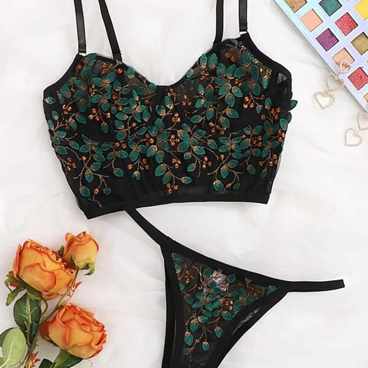 

Sexy Erotic Bra Panties Underwear Women Two Piece Embroidered Mesh Underwire Lingerie Set
