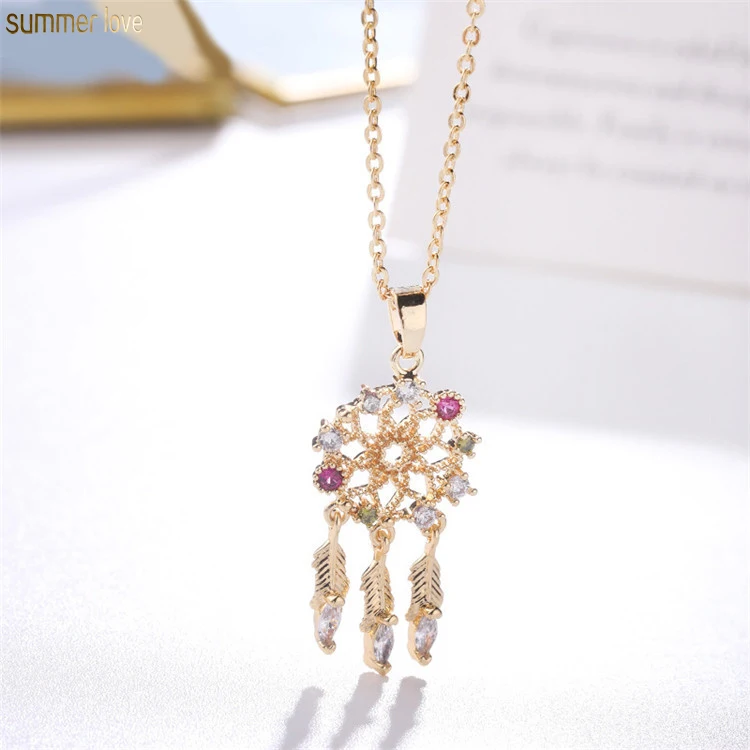 

Long Tassel Women Gold CZ Leaf Feather Hollow Dream Catcher Pendant Chain Necklace Jewelry Gifts, Gold, silver