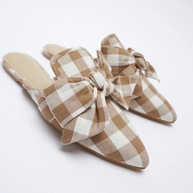 

Brand shoes women classic checkered bow knotted design lady slippers slip on pointed toe flat slides female loafers mules