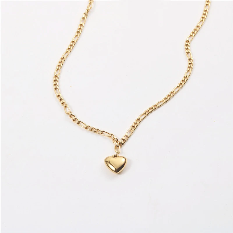 

18K Gold Plated Stainless Steel Figaro Chain Heart Pendant Necklace For Women