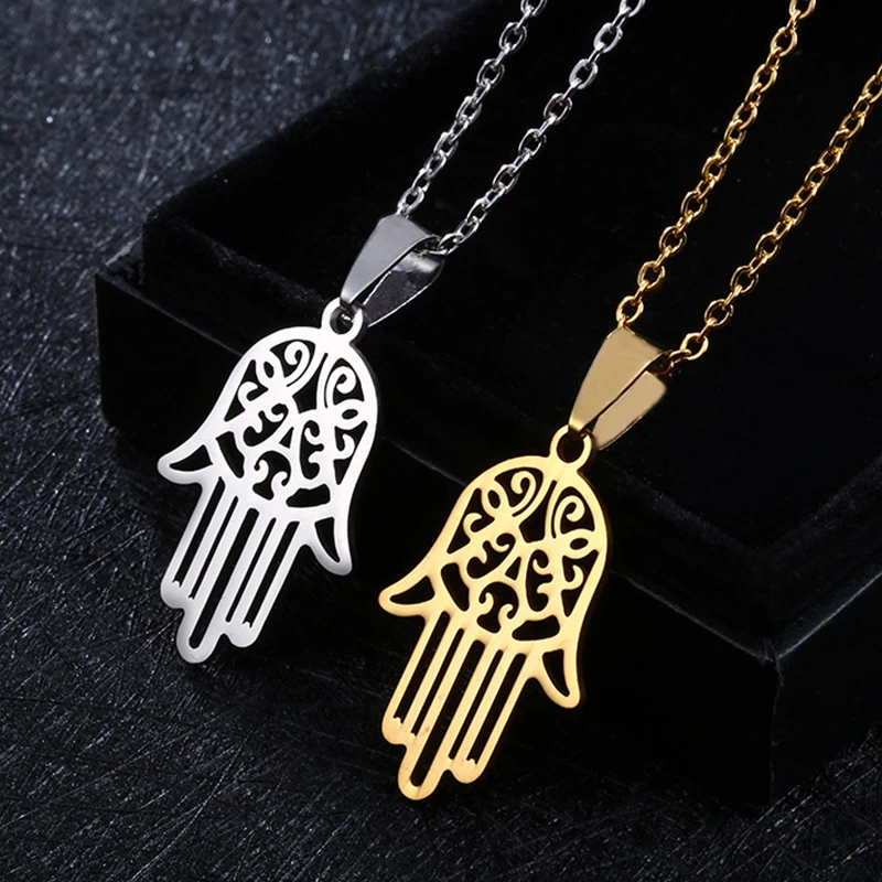 

Wholesale Non Tarnish 18K Gold Silver Plated 316L Stainless Steel Women Fatima Palm Hamsa Hand Pendant Necklace Jewelry