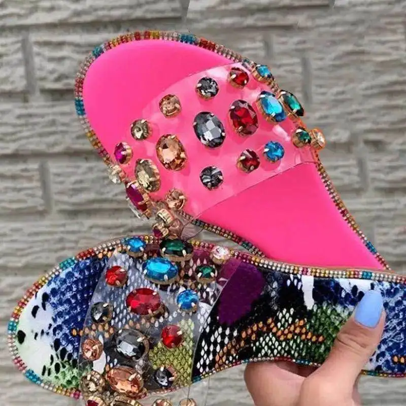 

custom designers female luxury women summer fashion rhinestone clear sandals flat slippers for ladies, As picture show or customized