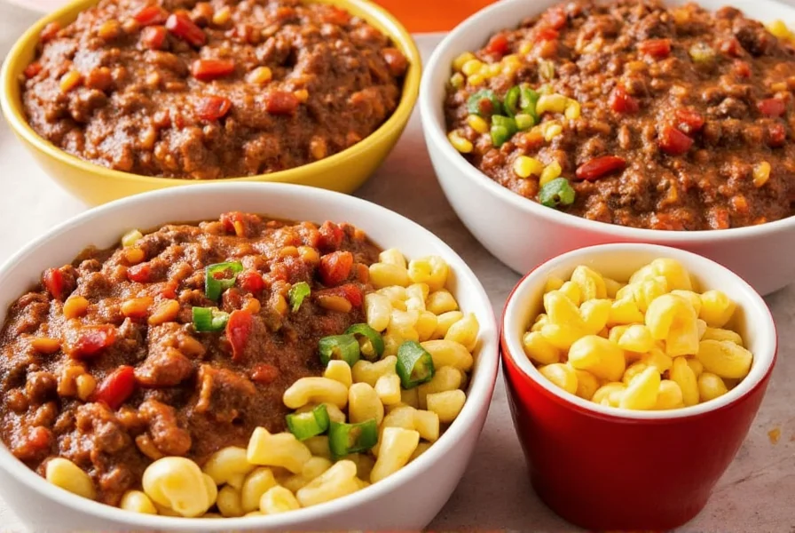 Variety of chili mac options including vegetarian, spicy chipotle, and classic beef versions served in bowls